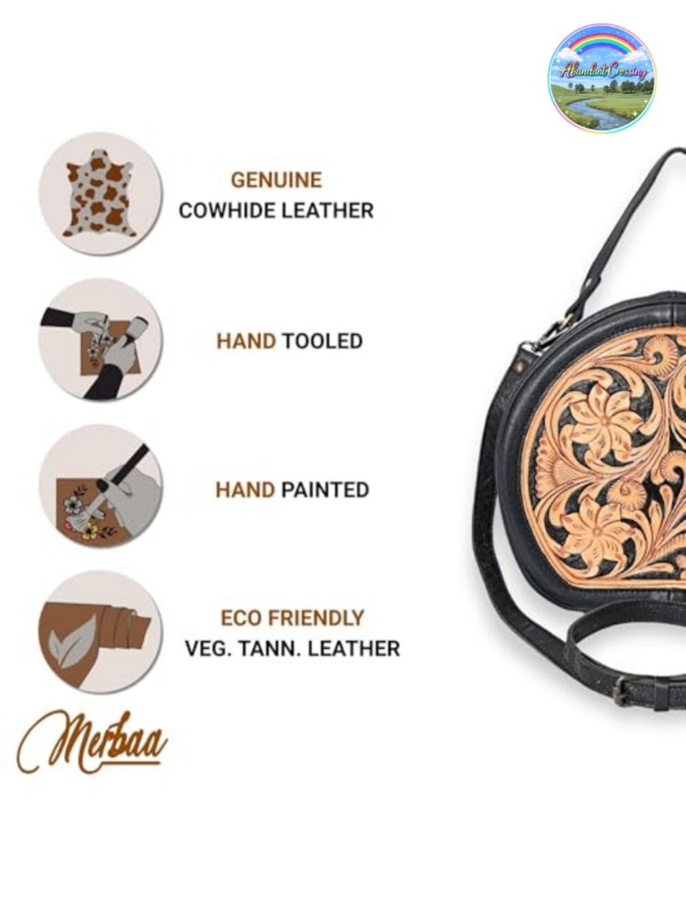 Western Handtooled Cowhide Leather Crossbody Bag with Adjustable Strap